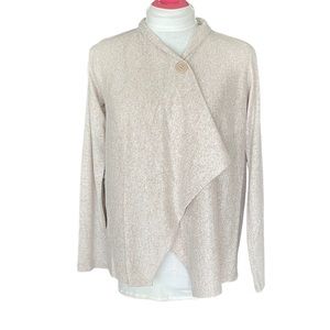 SERRA Sweater Open Cardigan Wrap Marled Tan White One Button Size Medium